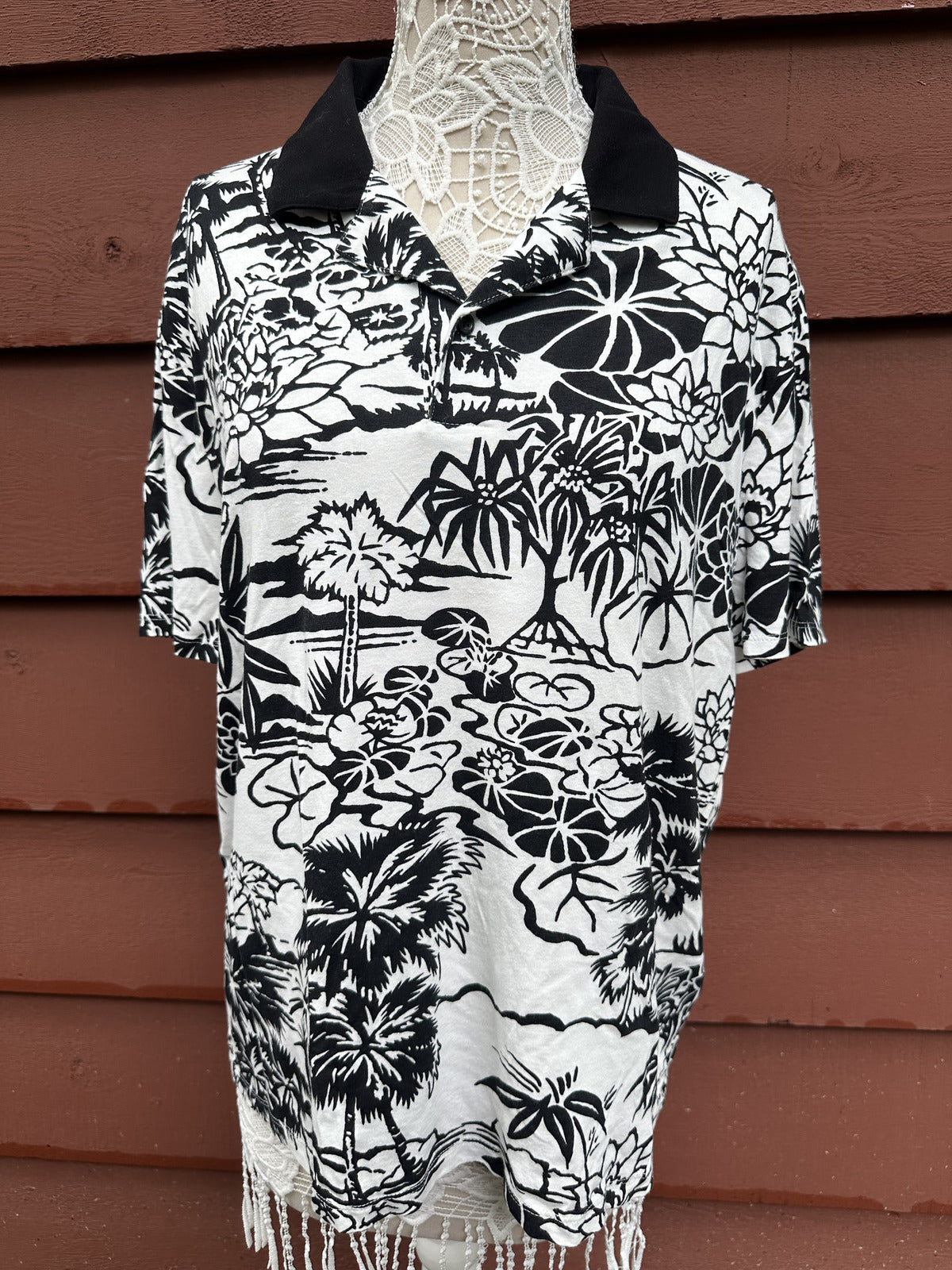 Express Black and White Tropical Print Polo Shirt
