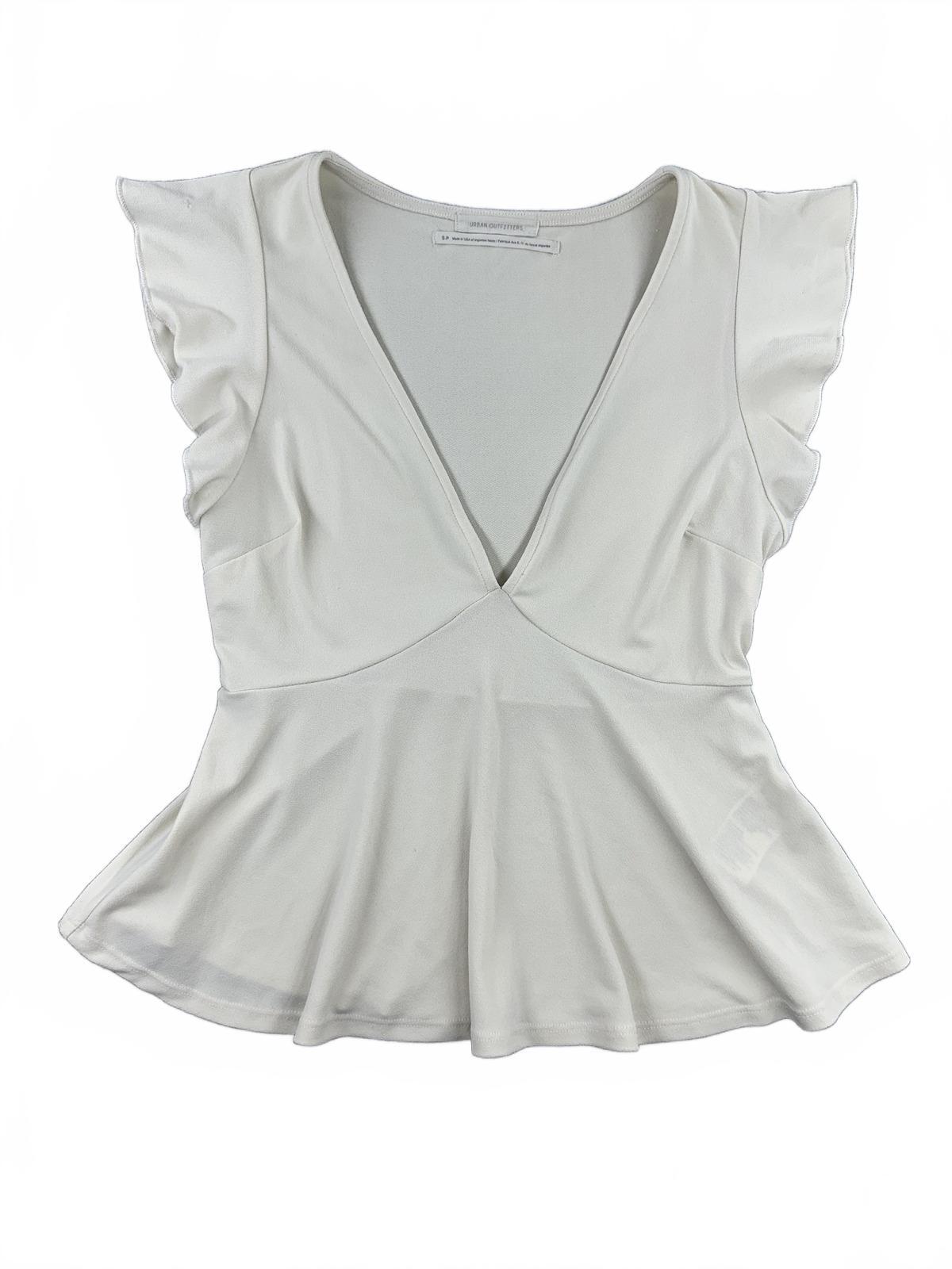 Urban Outfitters Cream Peplum Top with Flutter Sleeves and Deep V Neck