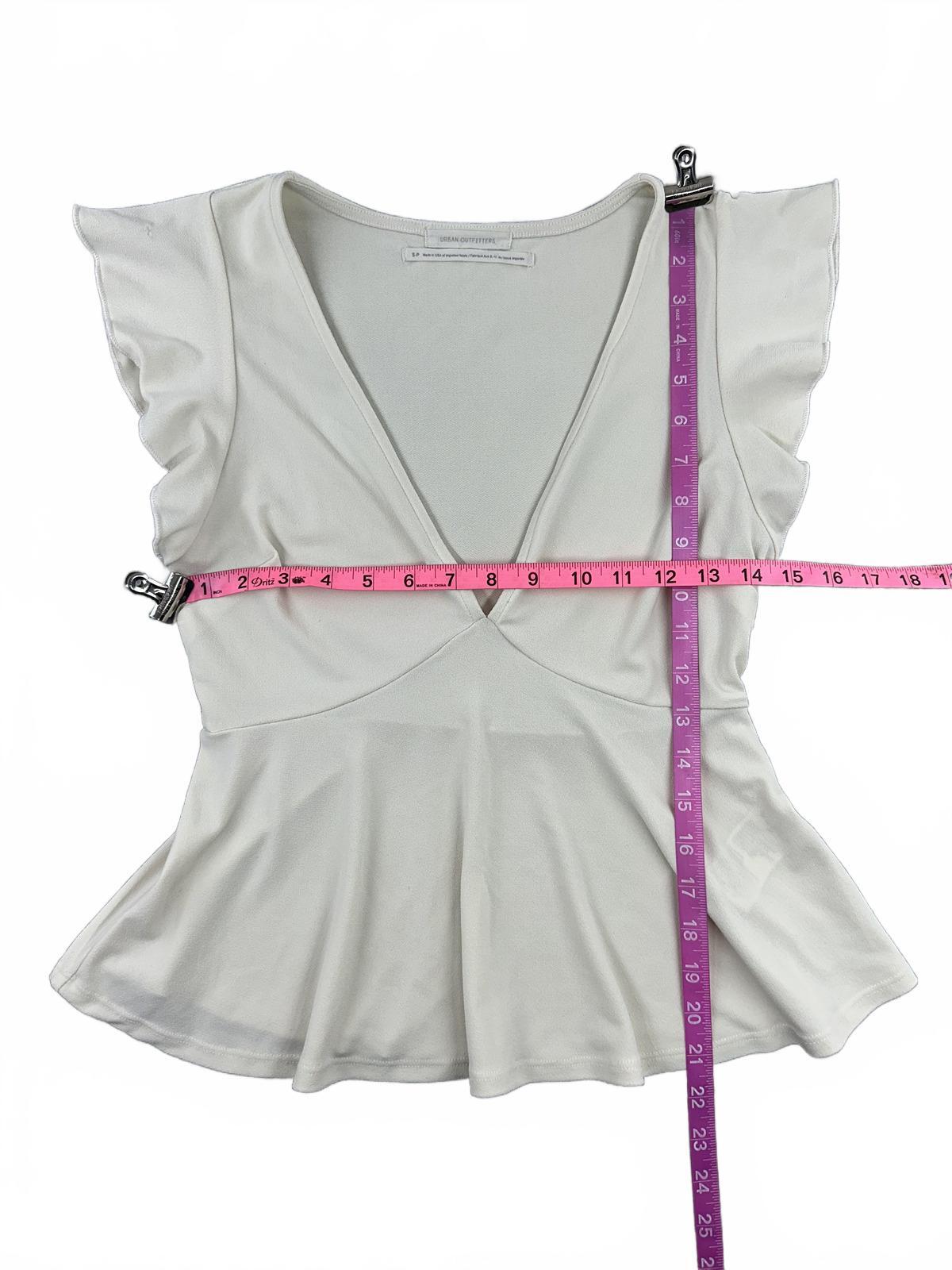 Urban Outfitters Cream Peplum Top with Flutter Sleeves and Deep V Neck