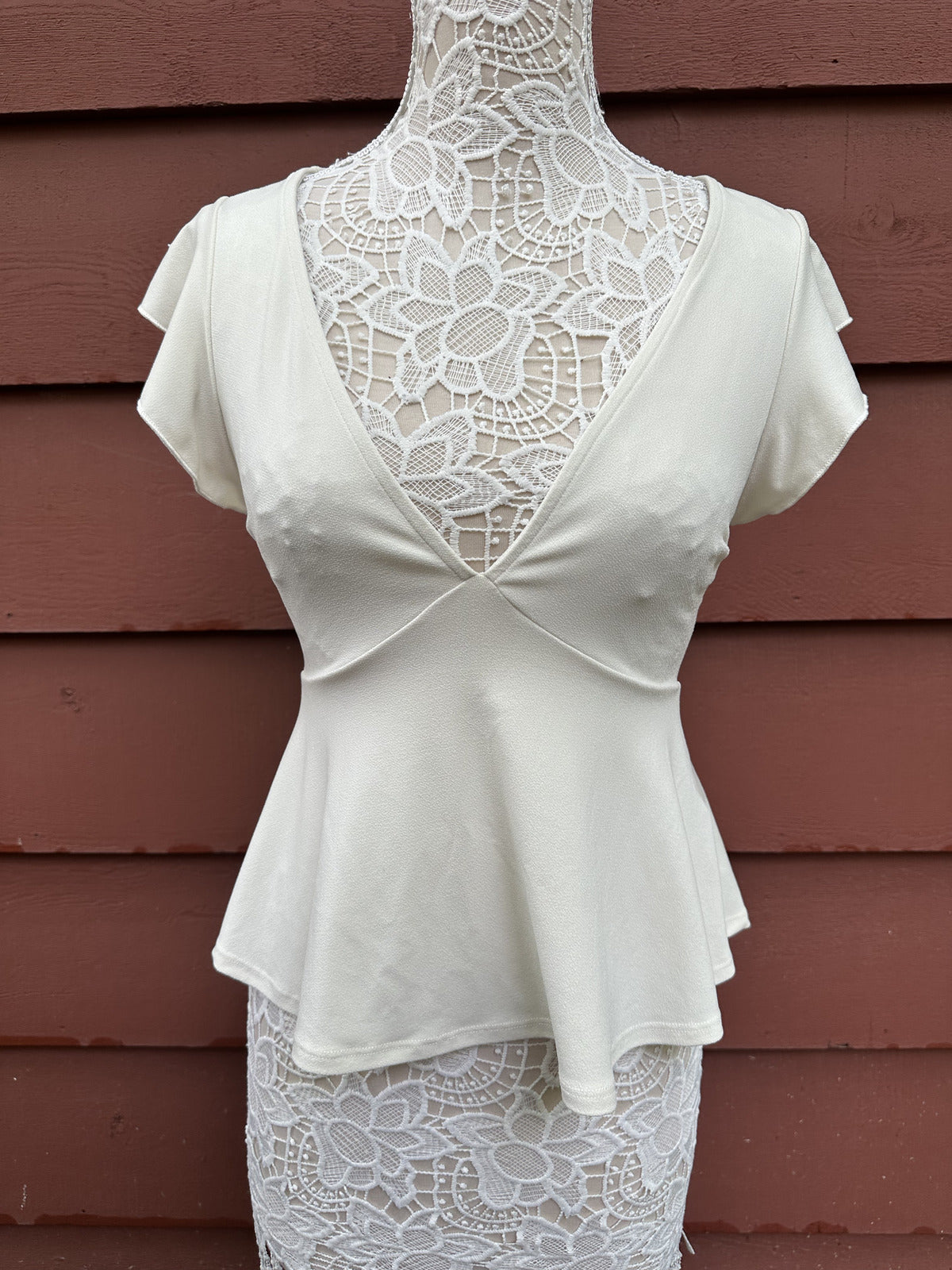 Urban Outfitters Cream Peplum Top with Flutter Sleeves and Deep V Neck