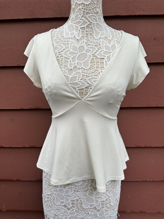 Urban Outfitters Cream Peplum Top with Flutter Sleeves and Deep V Neck