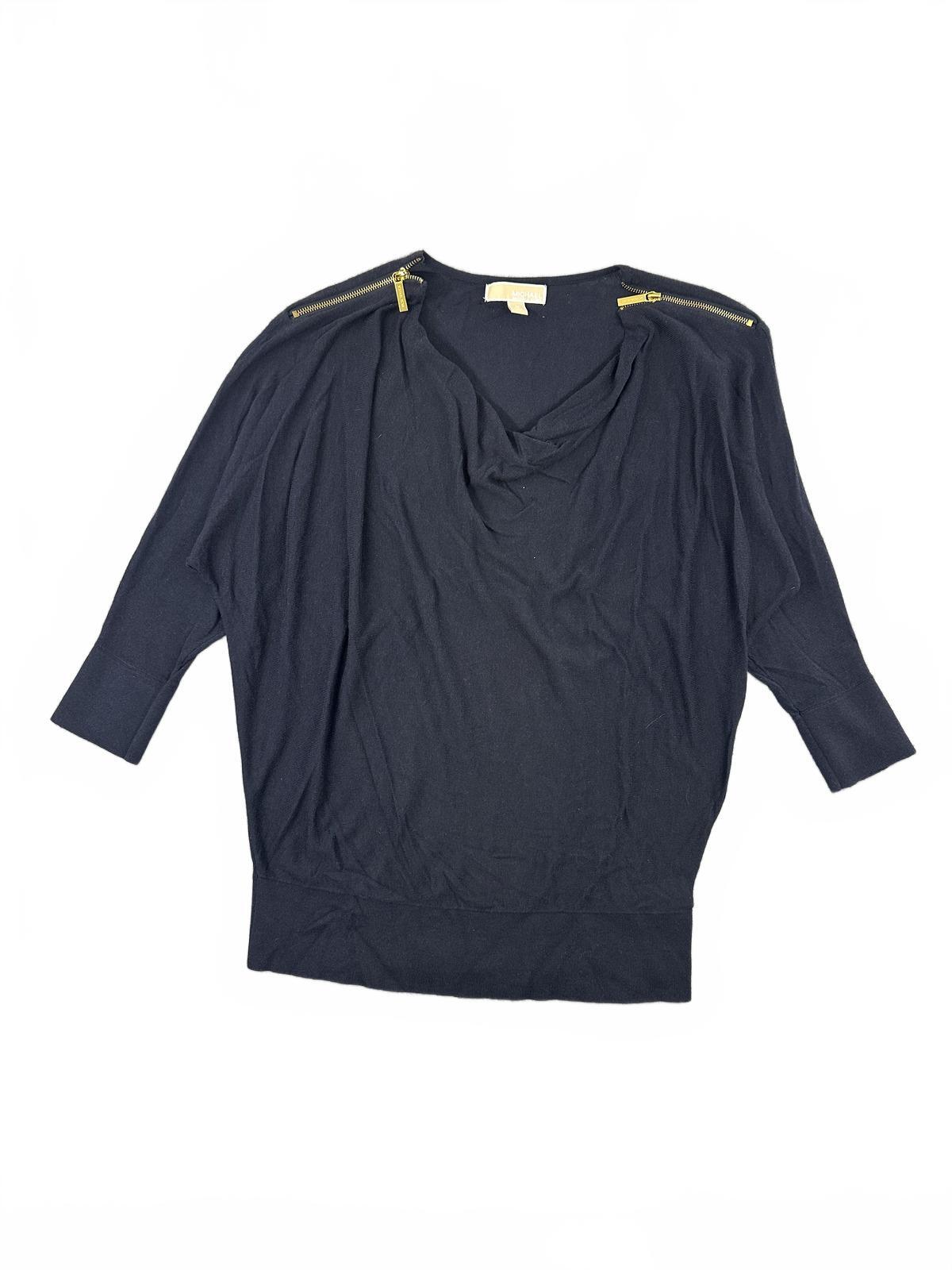 Michael Kors Navy Sweater with Draped Neckline and Gold Zipper Shoulder Accents