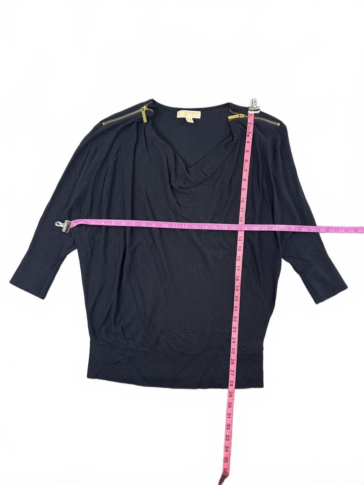 Michael Kors Navy Sweater with Draped Neckline and Gold Zipper Shoulder Accents
