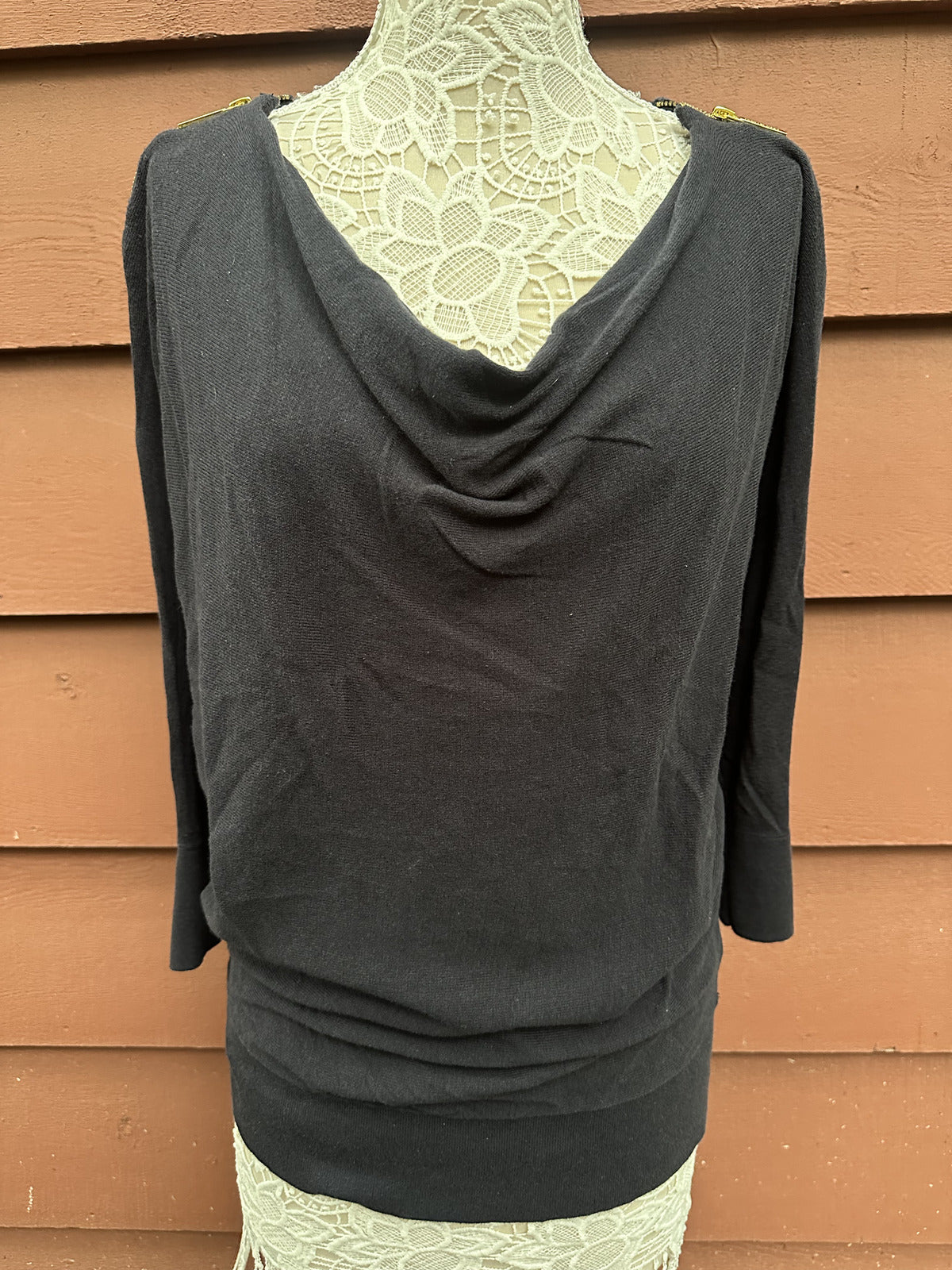 Michael Kors Navy Sweater with Draped Neckline and Gold Zipper Shoulder Accents