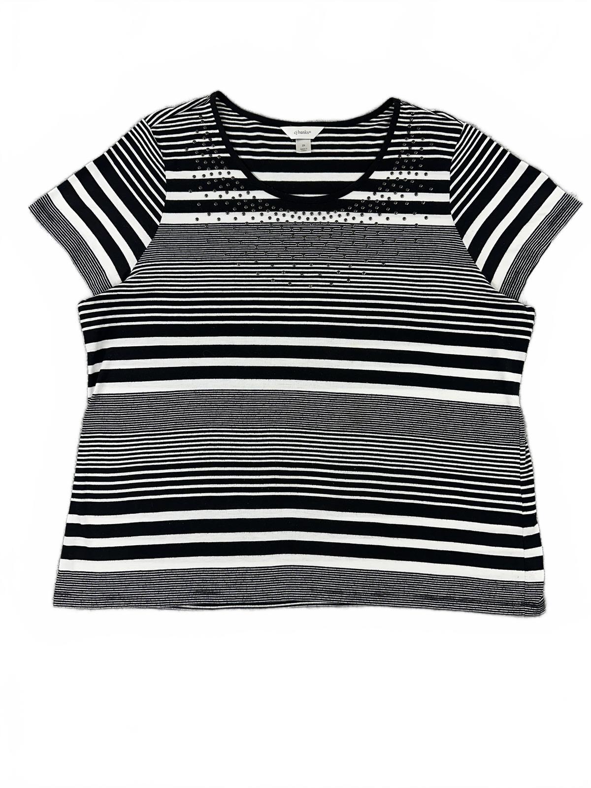 CJ Banks Black and White Striped Studded Short Sleeve Top Casual Y2K