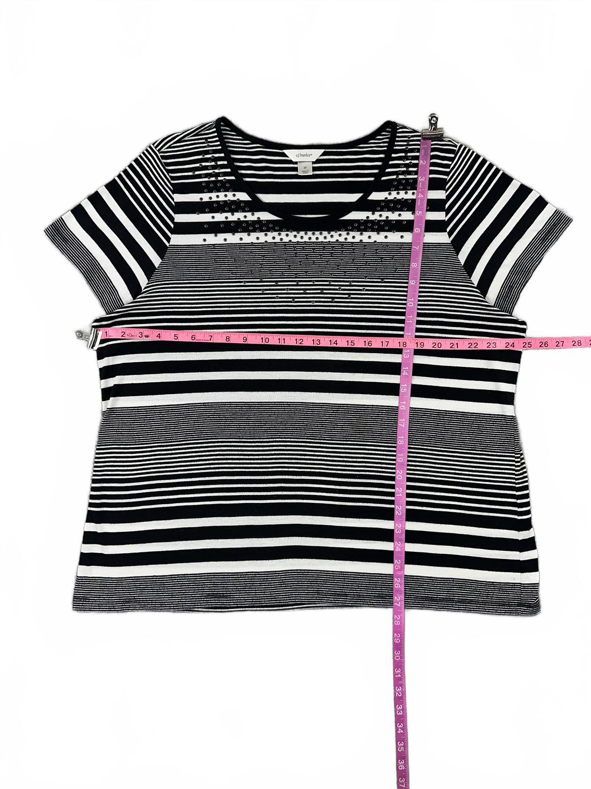 CJ Banks Black and White Striped Studded Short Sleeve Top Casual Y2K