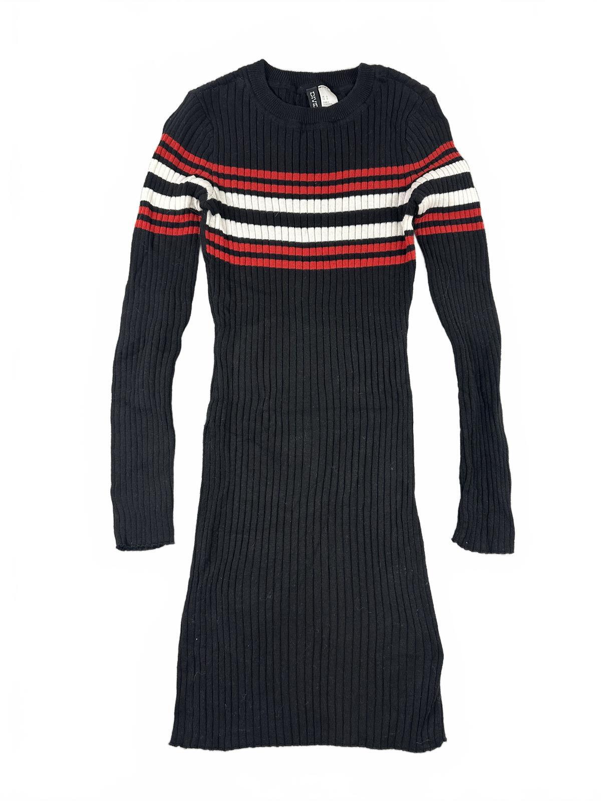 H&M Divided Ribbed Knit Sweater Dress Black Red White Striped Fitted Long Sleeve