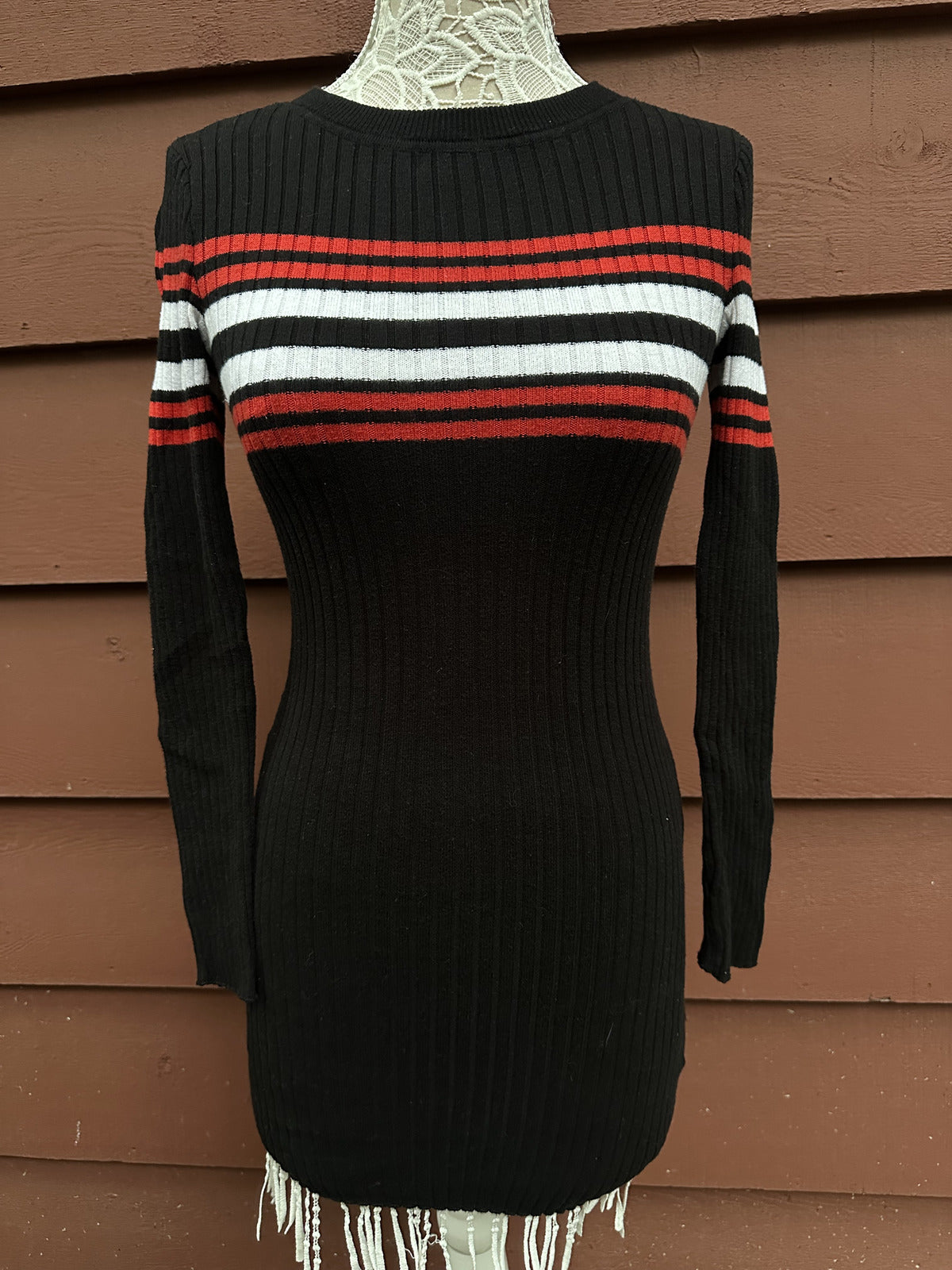 H&M Divided Ribbed Knit Sweater Dress Black Red White Striped Fitted Long Sleeve