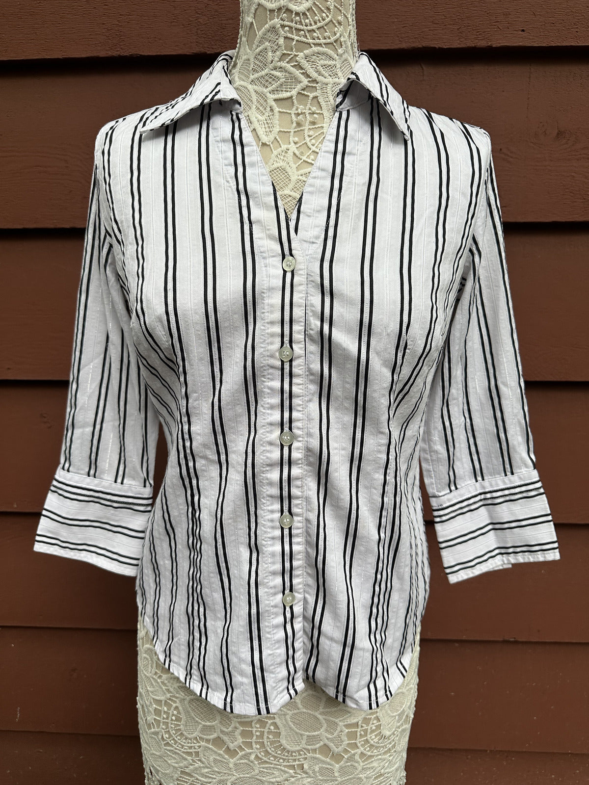 Alfani White and Black Vertical Stripe Button Up Shirt
