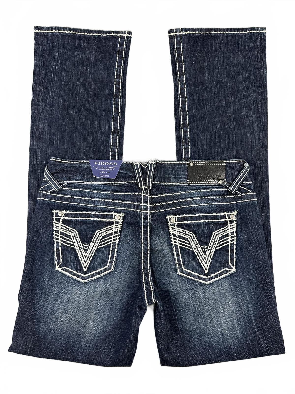 VIGOSS Slim Bootcut Jeans Blue Denim White Stitching Y2K Vintage