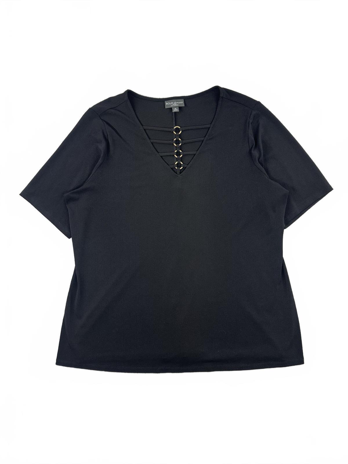 Bold Elements Black Cut to Curve V Neck Top with Strap and Ring Detail