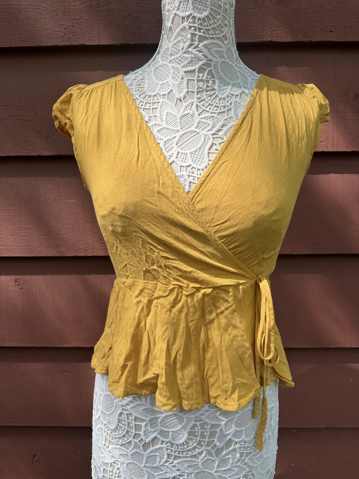 Love Fire Mustard Yellow Wrap Top Peplum Waist Casual Bohemian Summer