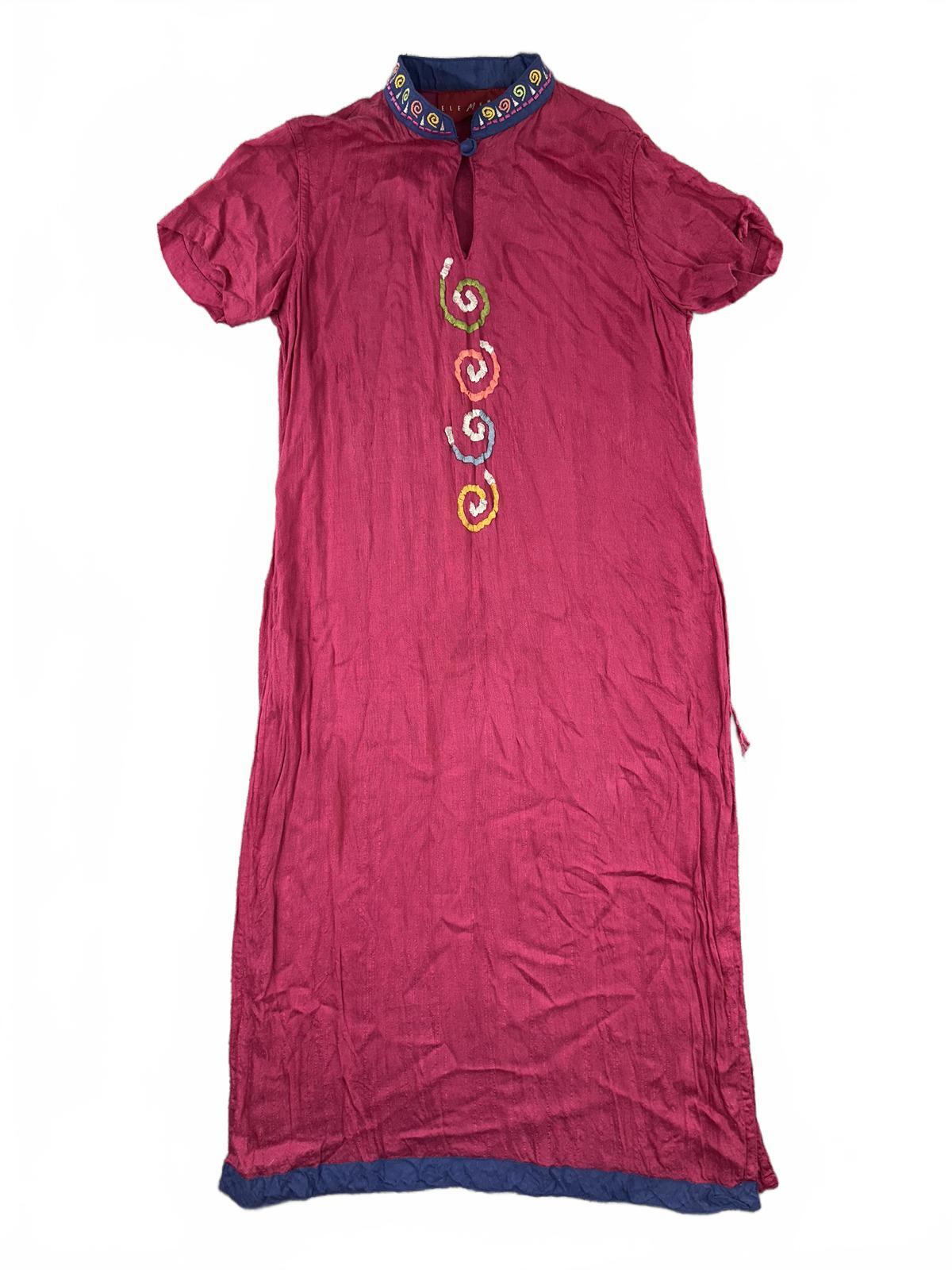 Elements Vintage Embroidered Bohemian Dress with Mandarin Collar Pink Blue