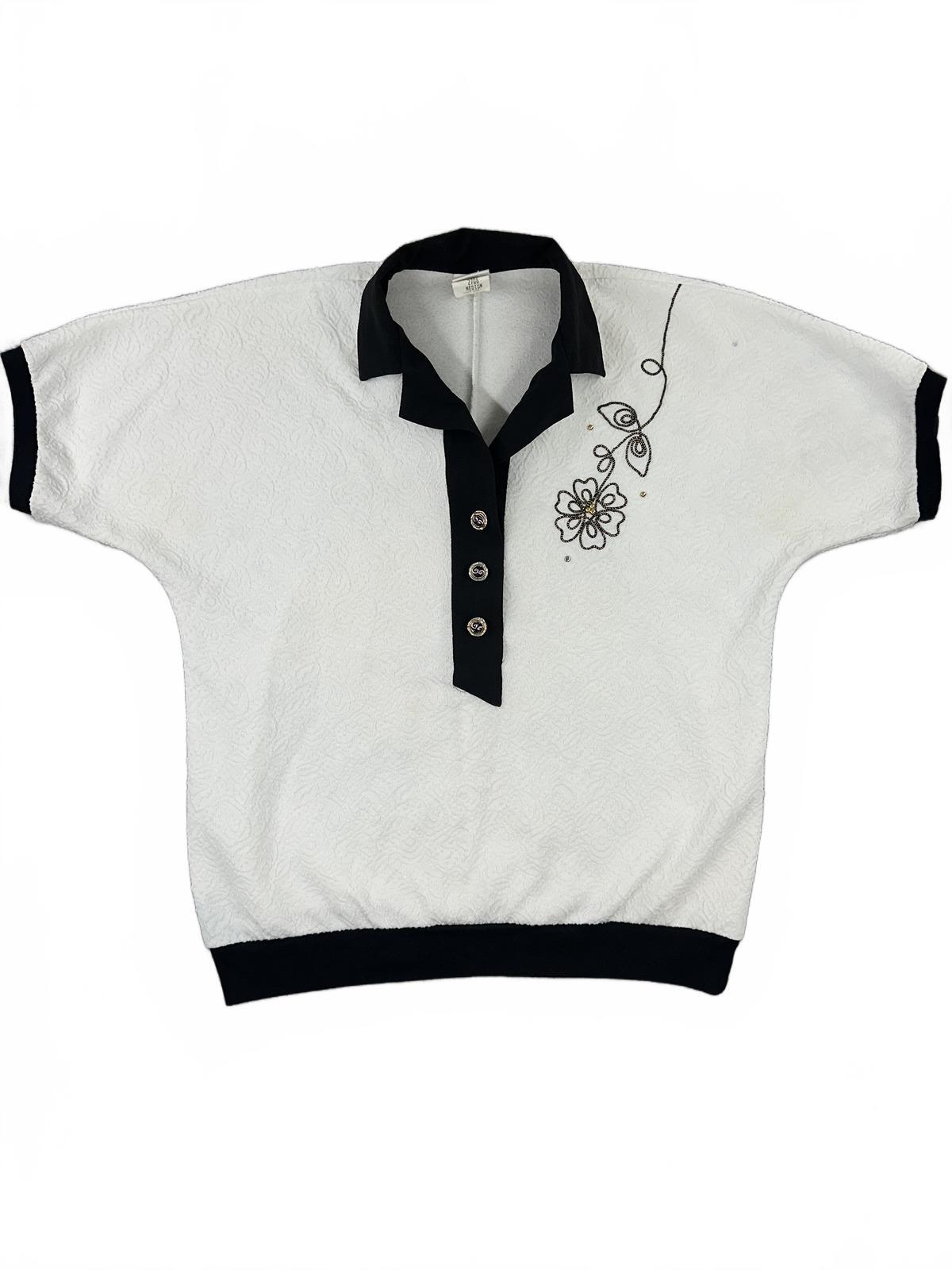 Vintage Textured White and Black Polo Shirt with Floral Embroidery