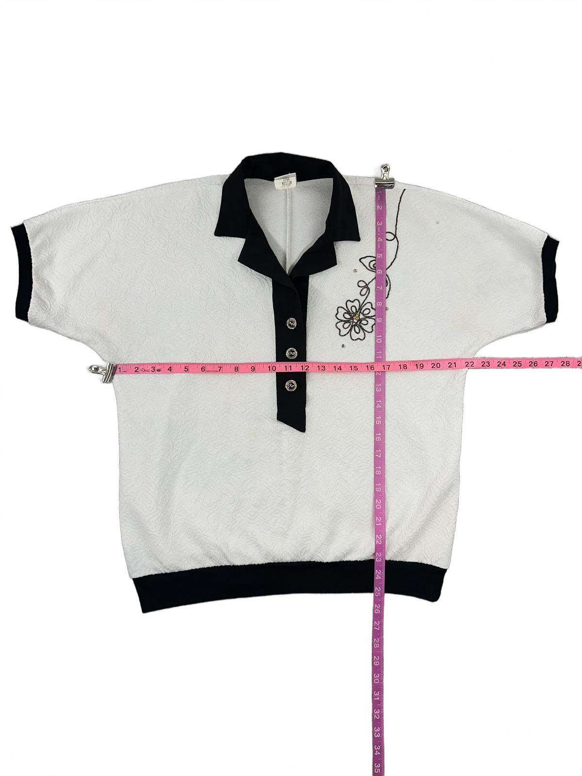 Vintage Textured White and Black Polo Shirt with Floral Embroidery