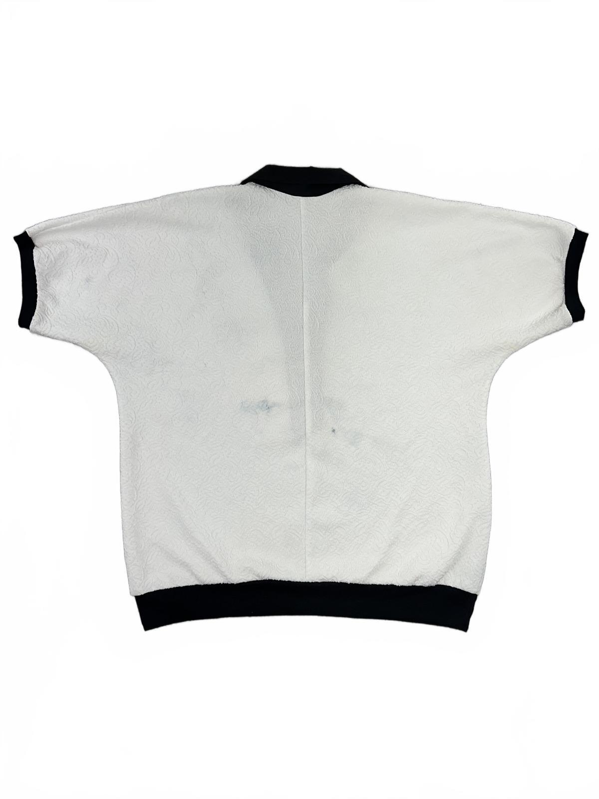 Vintage Textured White and Black Polo Shirt with Floral Embroidery