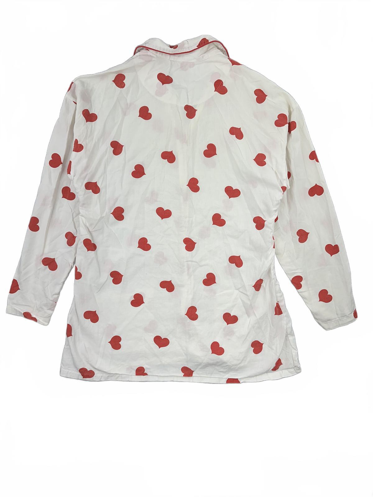 Coup de Coeur Vintage White Button Up Shirt with Red Heart Print Romantic Retro