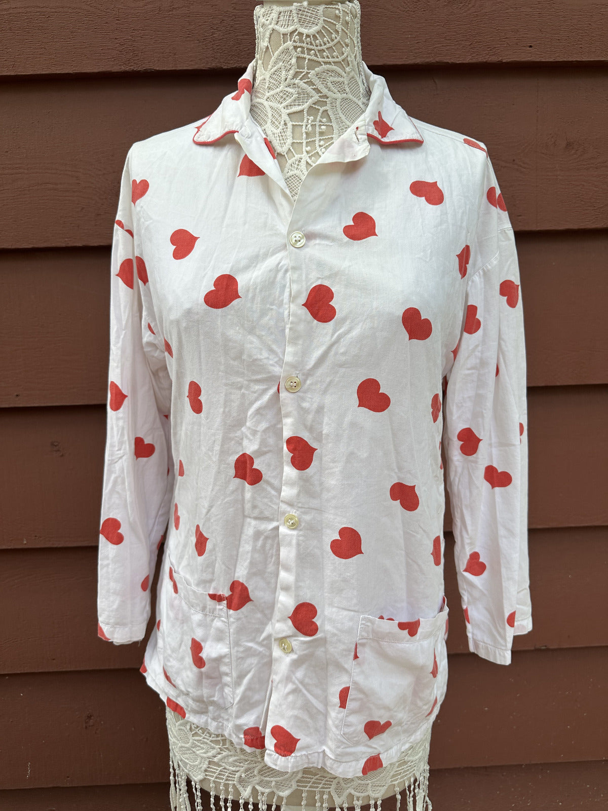 Coup de Coeur Vintage White Button Up Shirt with Red Heart Print Romantic Retro