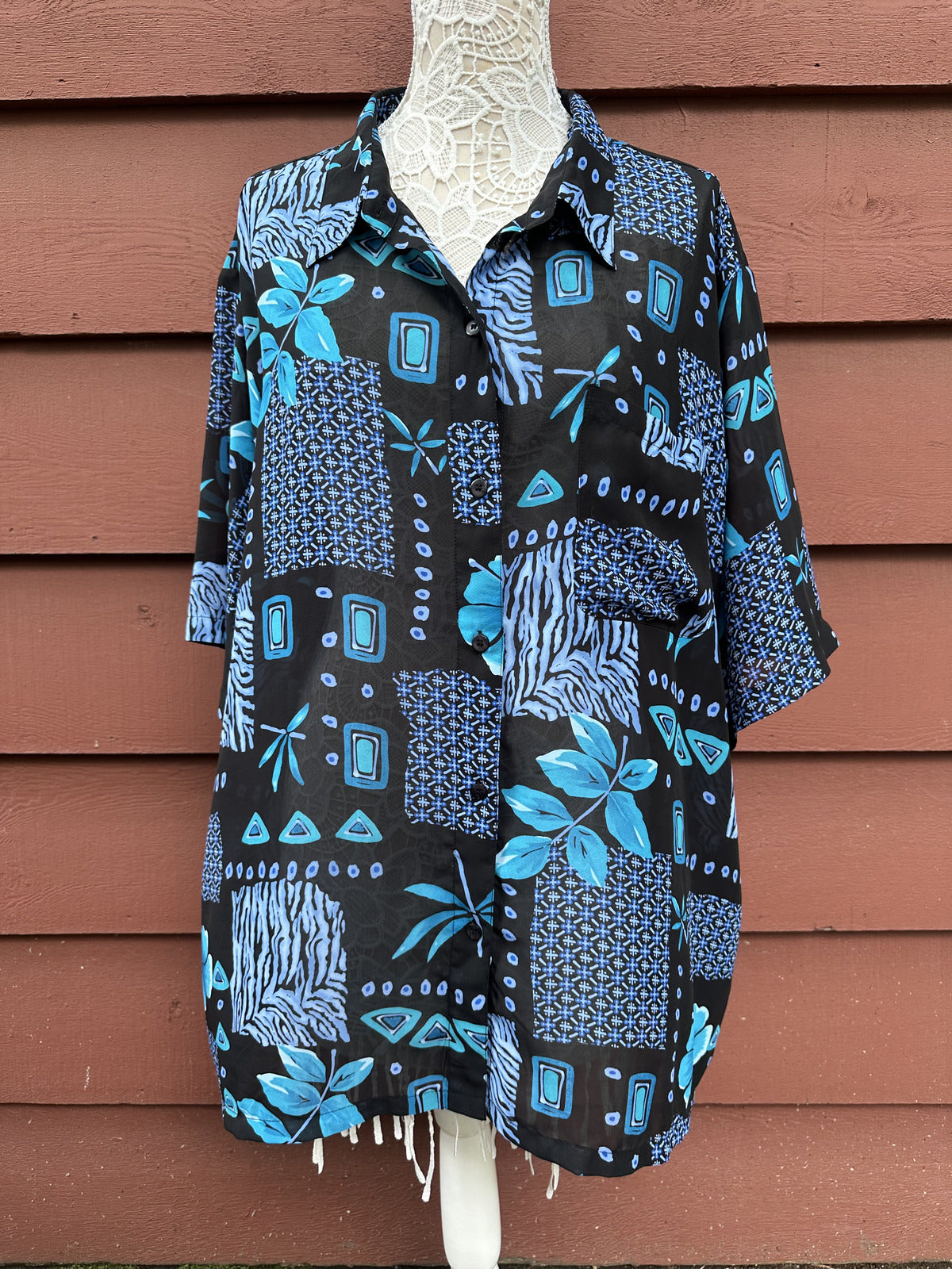 Pickaberry Plus Vintage Inspired Blue Floral Patchwork Shirt
