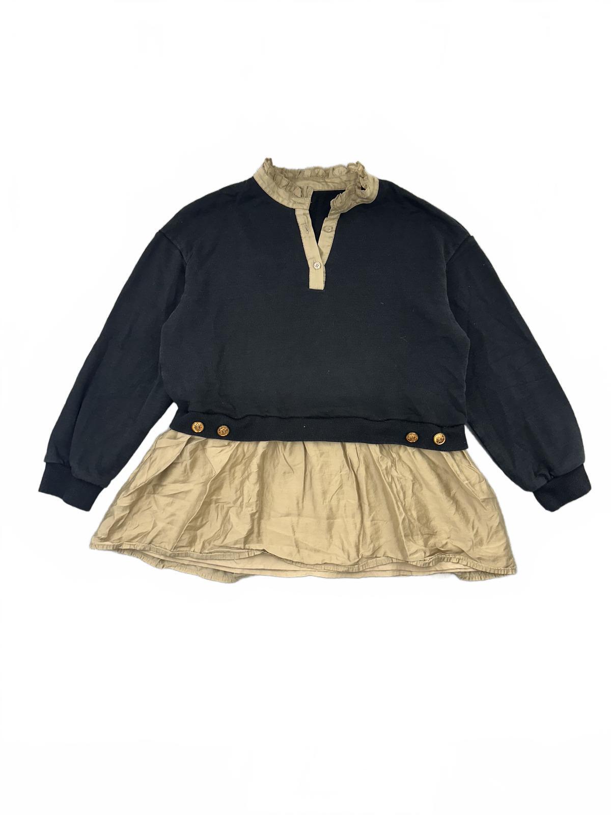 Black and Beige Layered Long Sleeve Top with Ruffled Collar
