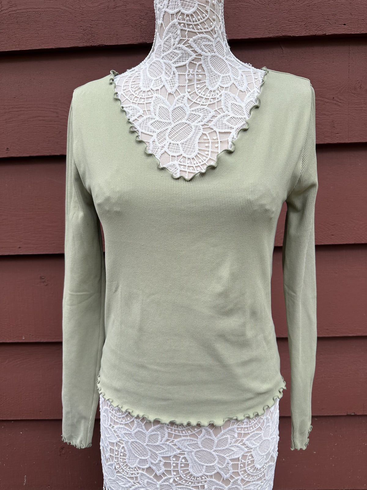 Contour by PacSun Sage Green Ribbed Long Sleeve Top with Lettuce Edge Detail