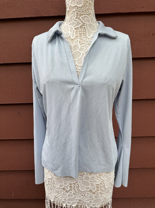 Boohoo Light Blue Long Sleeve Collared Top with Flared Sleeves