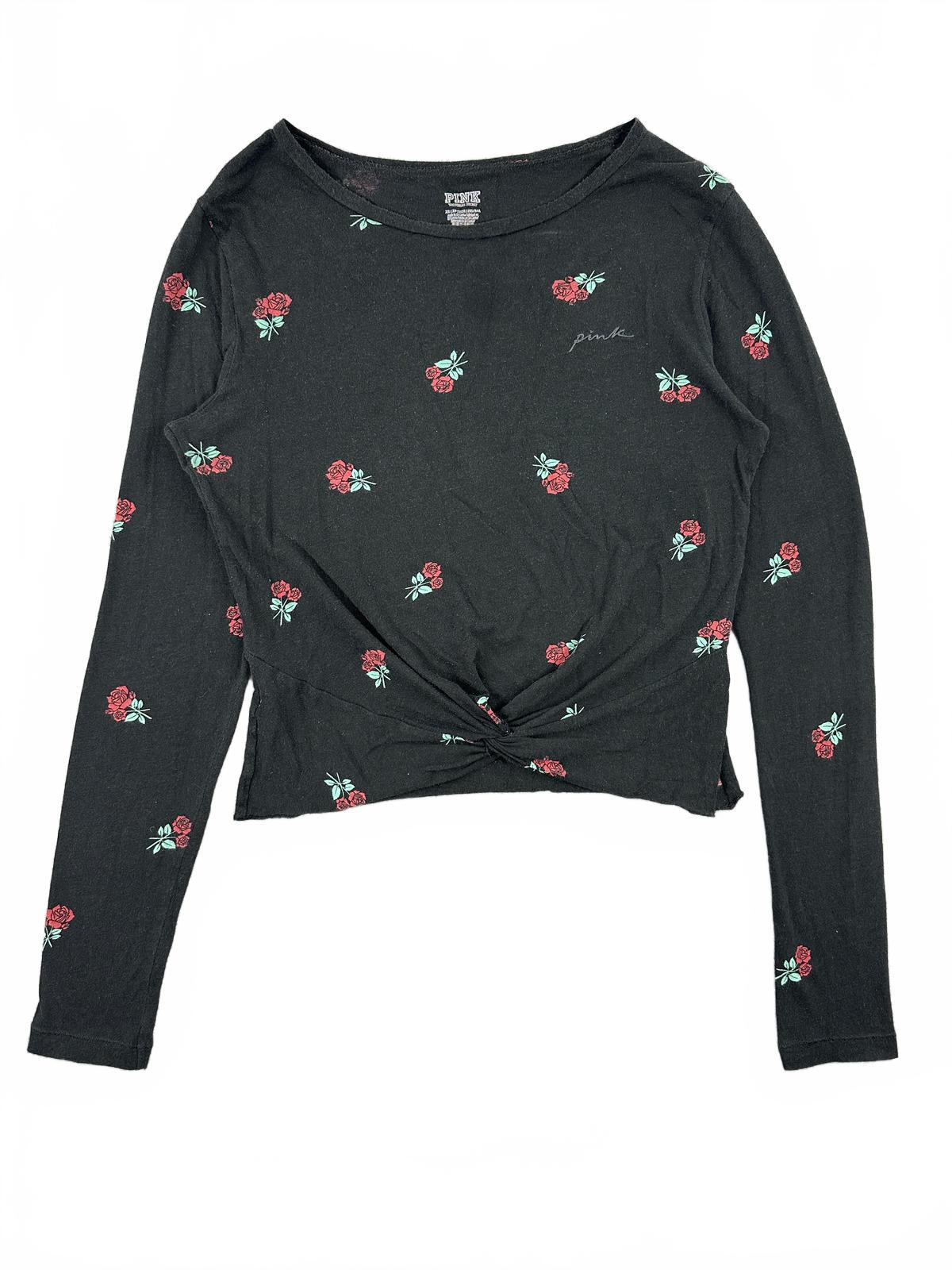 Victoria's Secret PINK Black Floral Twist Front Long Sleeve Top