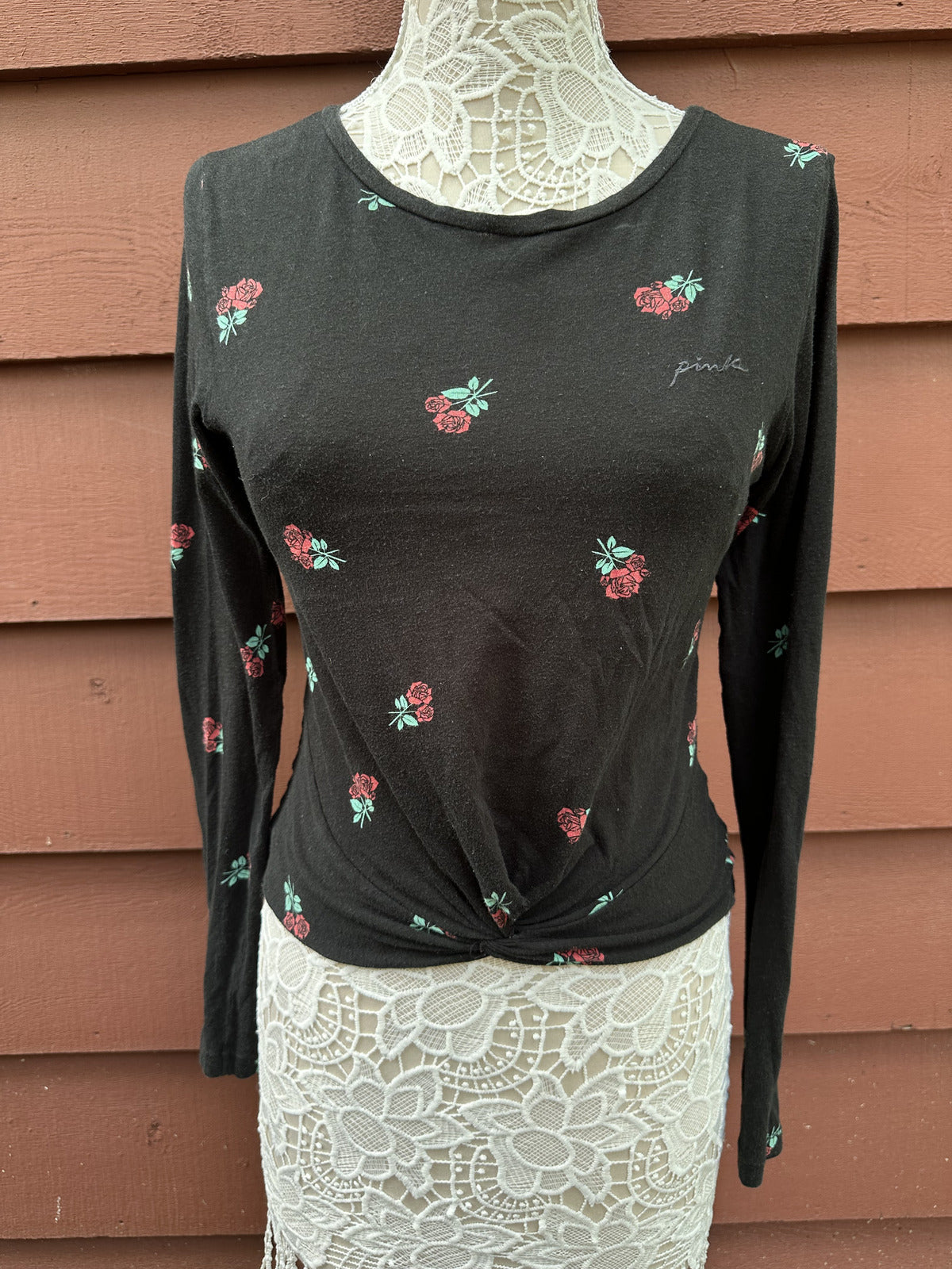 Victoria's Secret PINK Black Floral Twist Front Long Sleeve Top