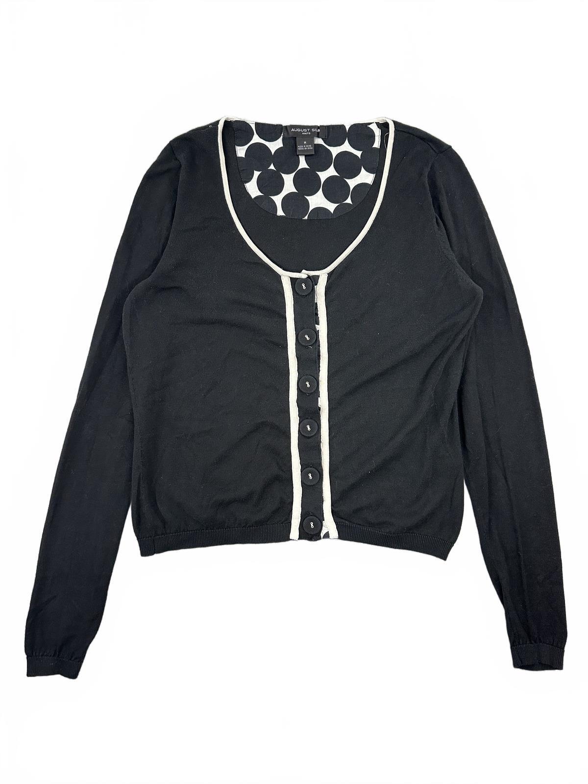 August Silk Black and White Trim Button Up Cardigan Sweater Classic