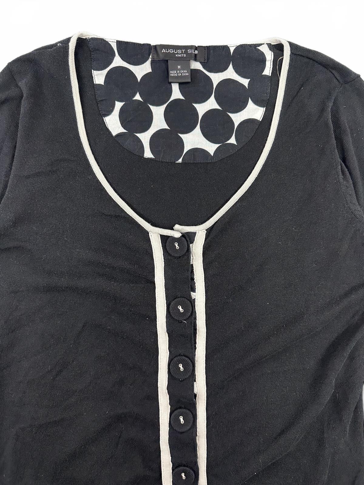 August Silk Black and White Trim Button Up Cardigan Sweater Classic