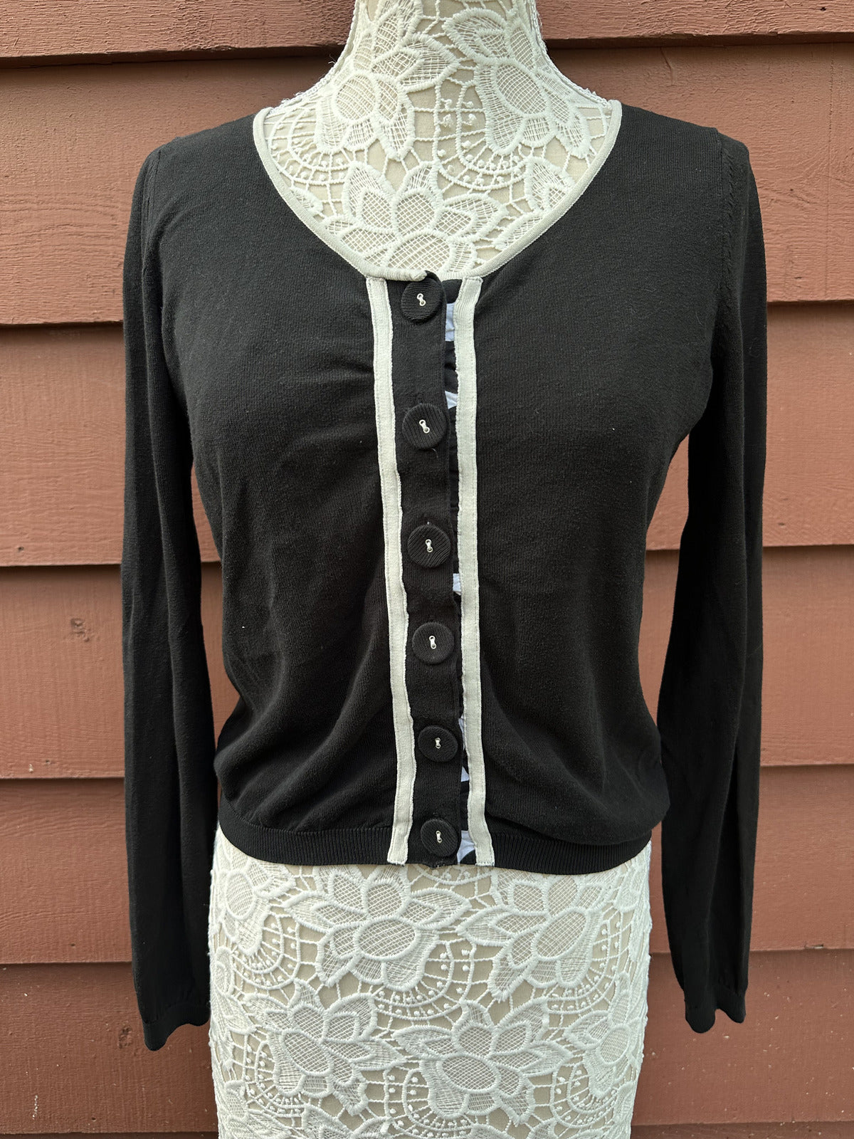 August Silk Black and White Trim Button Up Cardigan Sweater Classic