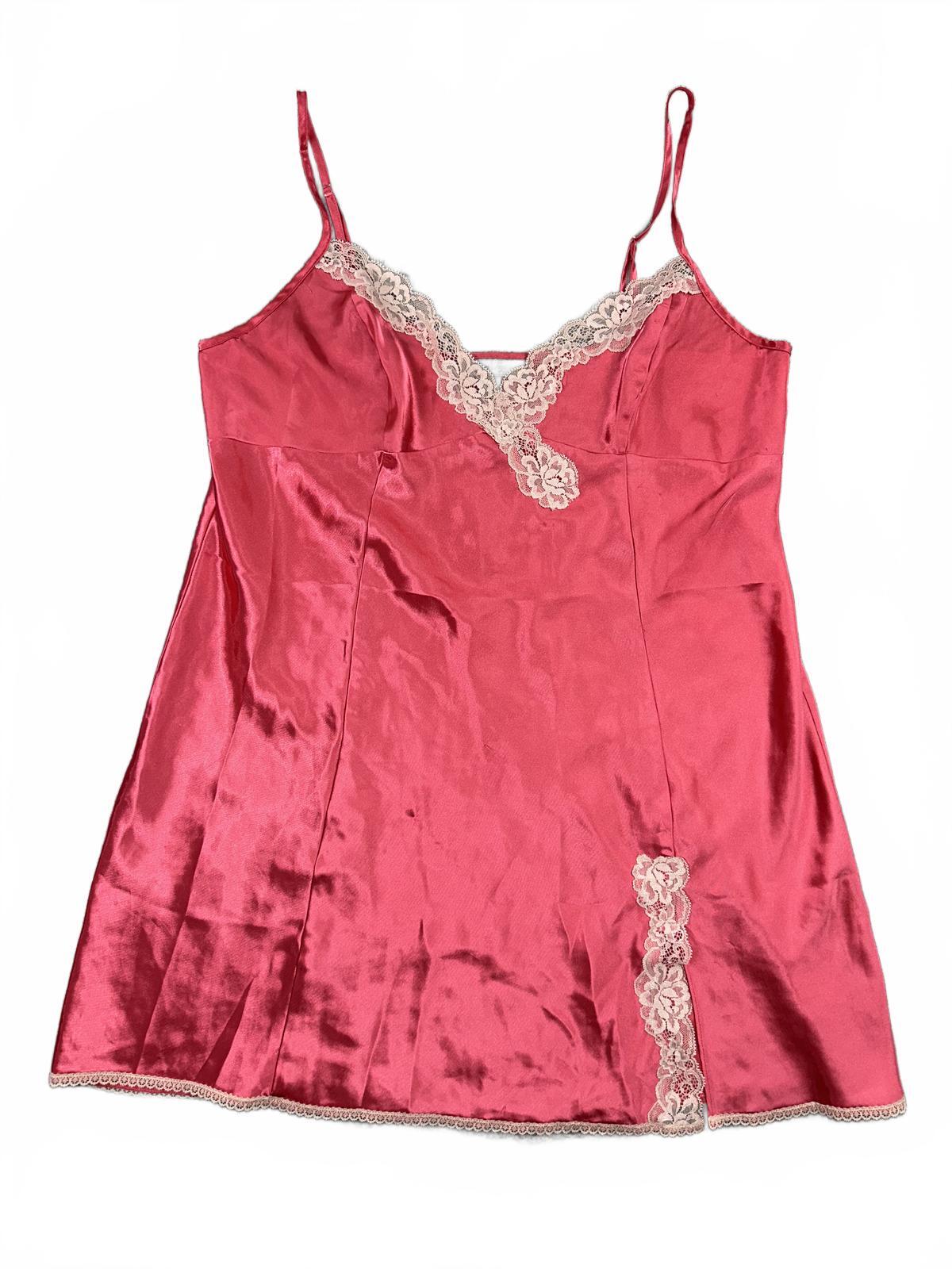 Morgan Taylor Pink Satin Slip Dress with Cream Lace Trim Feminine