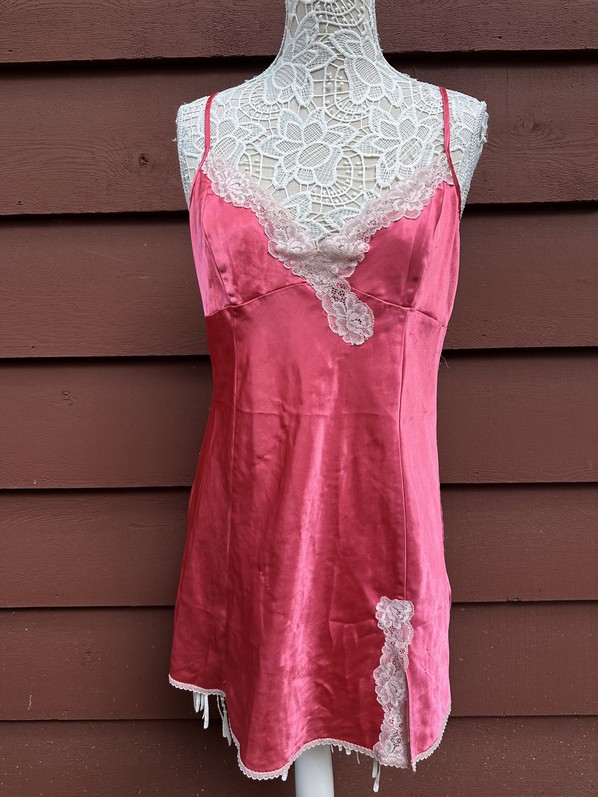 Morgan Taylor Pink Satin Slip Dress with Cream Lace Trim Feminine
