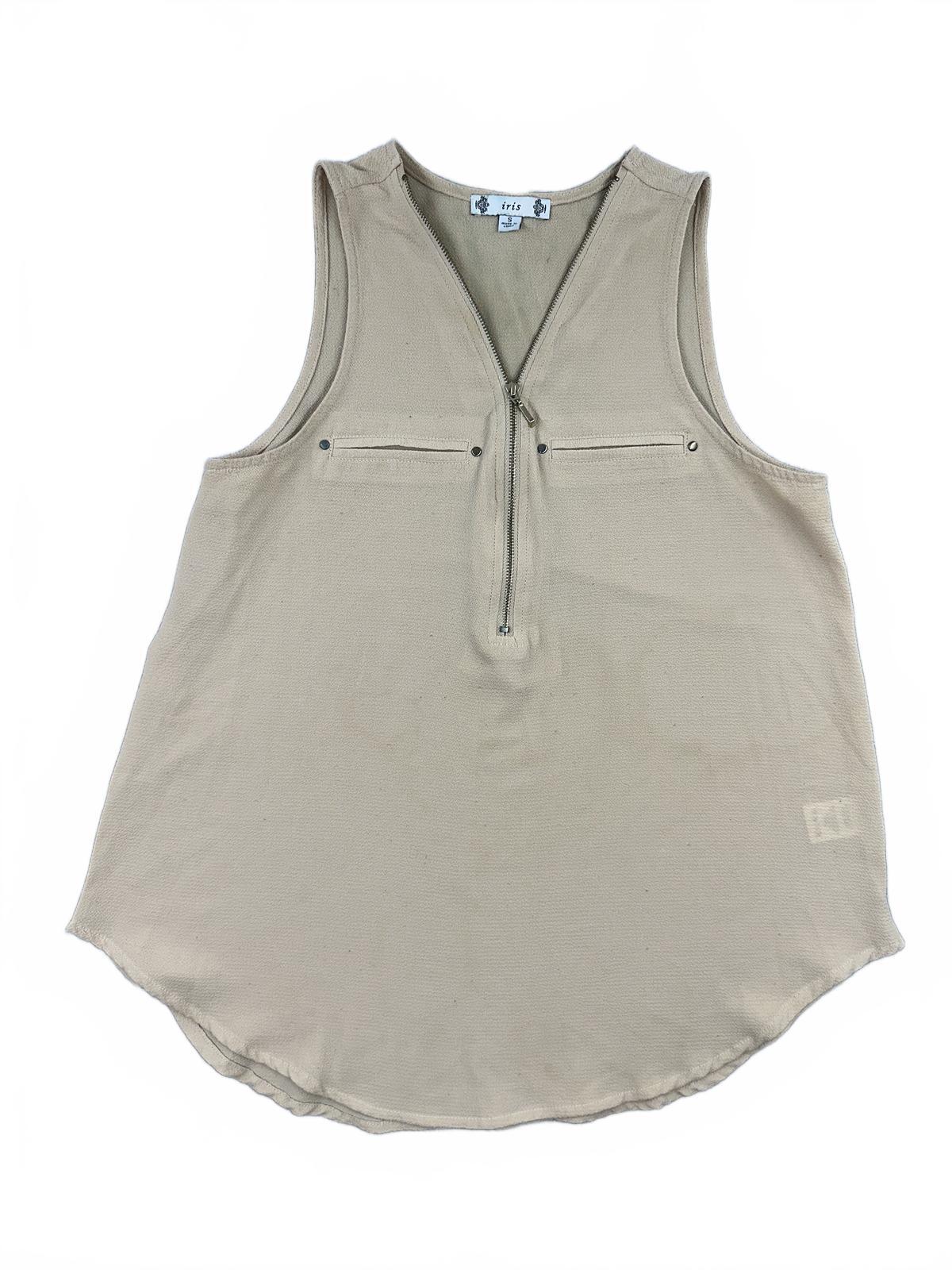 iris Beige Sleeveless Zip Front Top