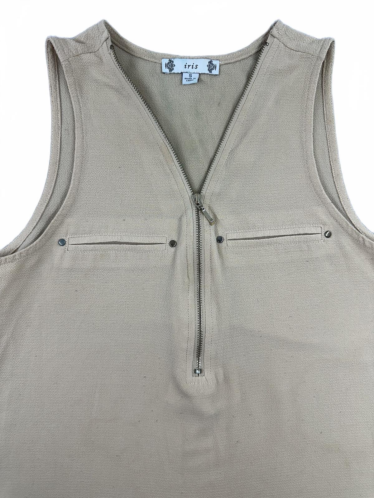 iris Beige Sleeveless Zip Front Top