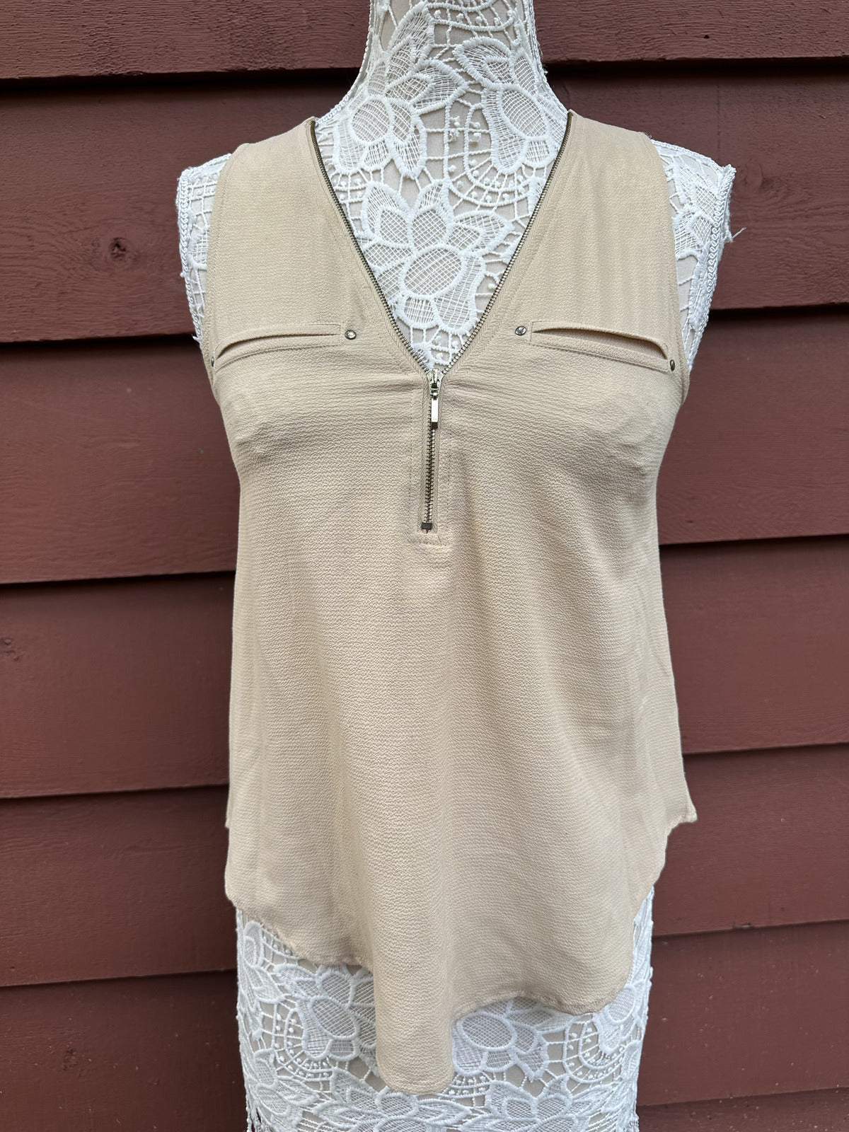 iris Beige Sleeveless Zip Front Top
