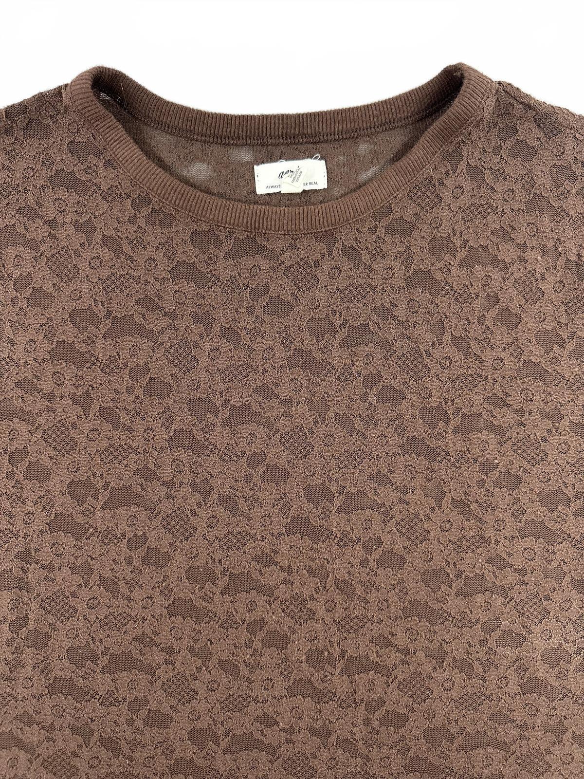 Aerie Brown Floral Lace Short Sleeve Top Sheer Bohemian Indie Summer Tee