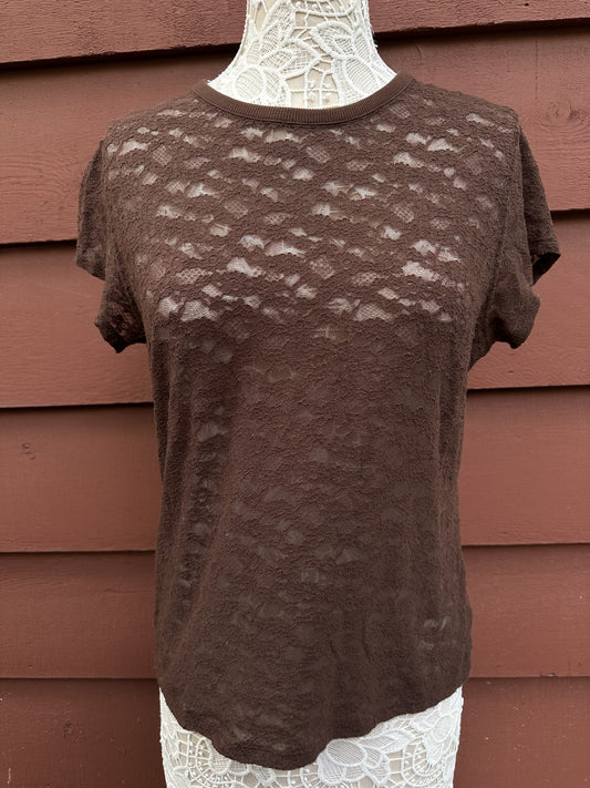 Aerie Brown Floral Lace Short Sleeve Top Sheer Bohemian Indie Summer Tee