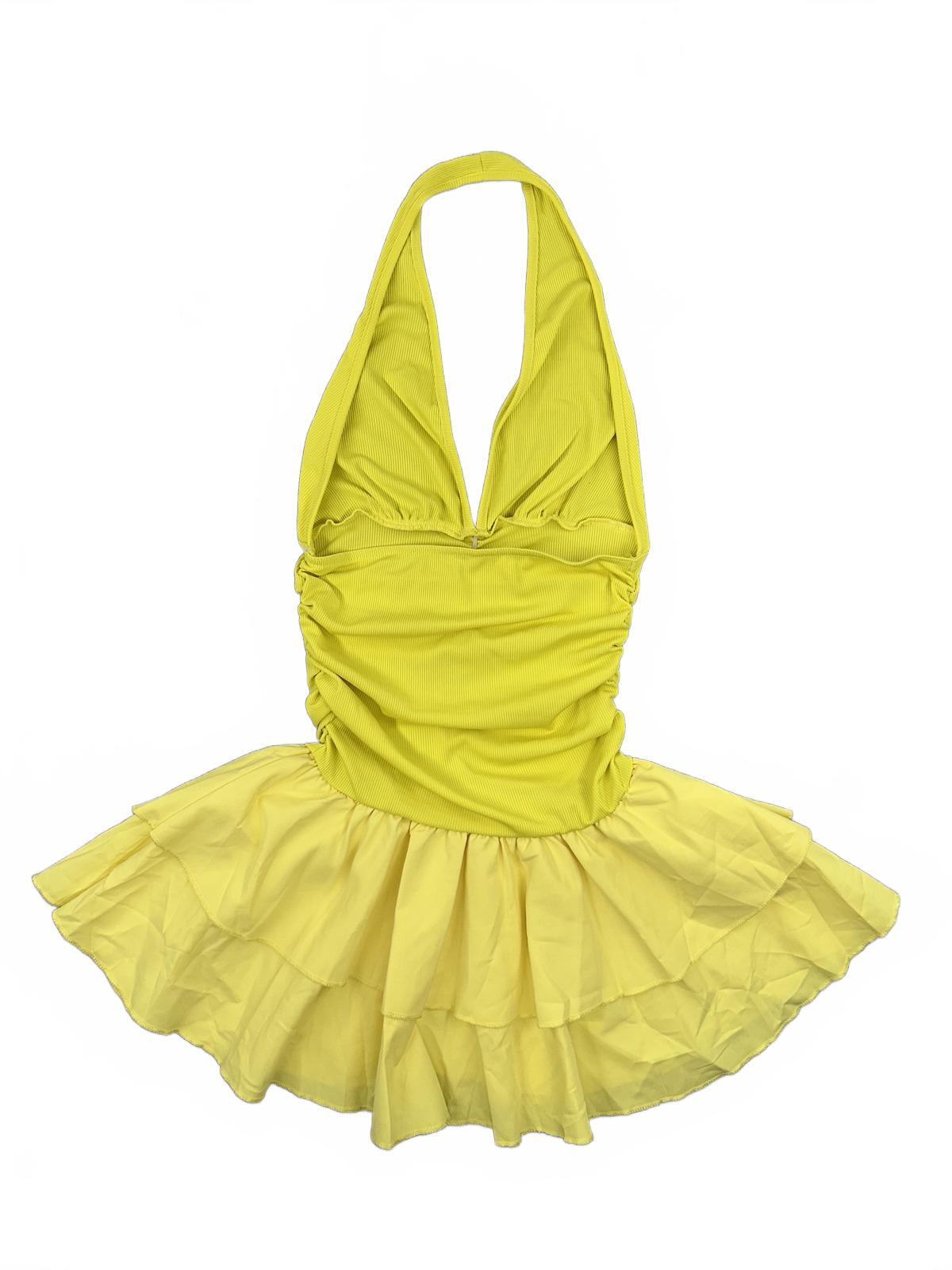 Yellow Halter Mini Dress with Ruched Bodice and Double Ruffle Skirt