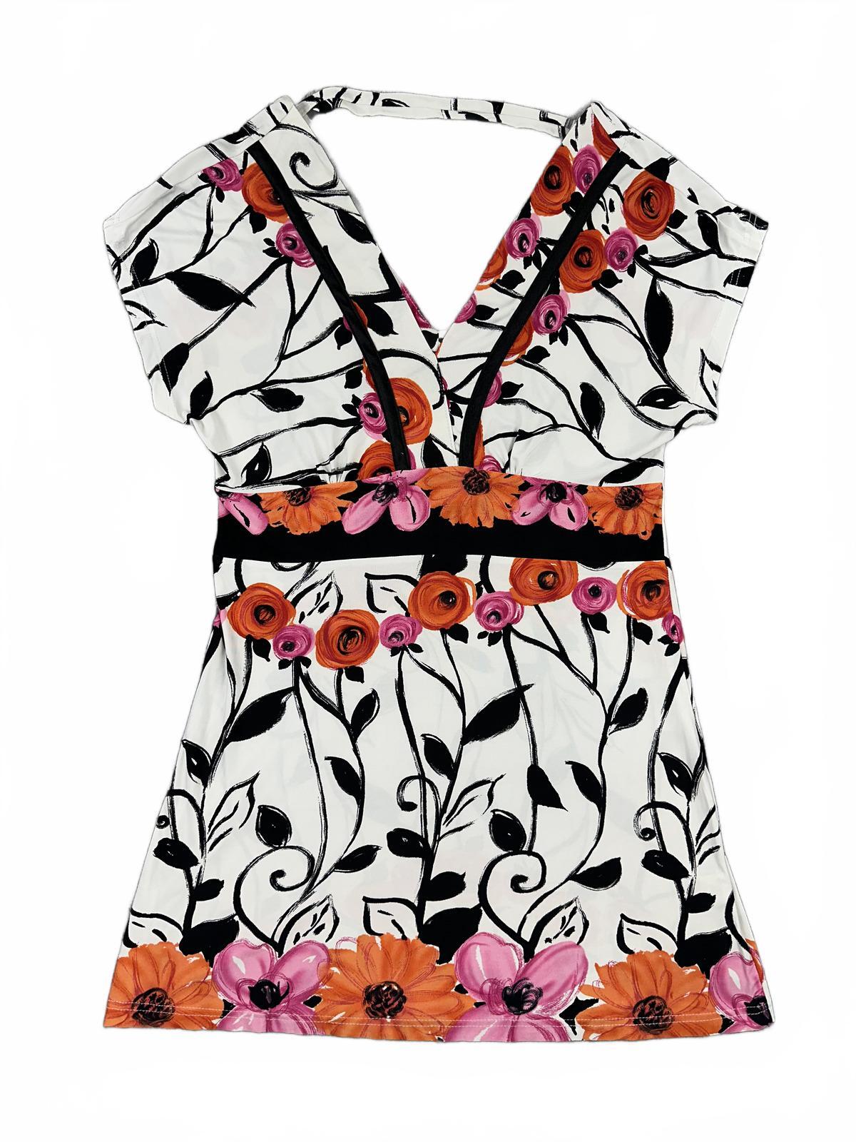 Golbary Floral Mini Dress White Orange Pink V Neck Fitted Waist Summer Y2K