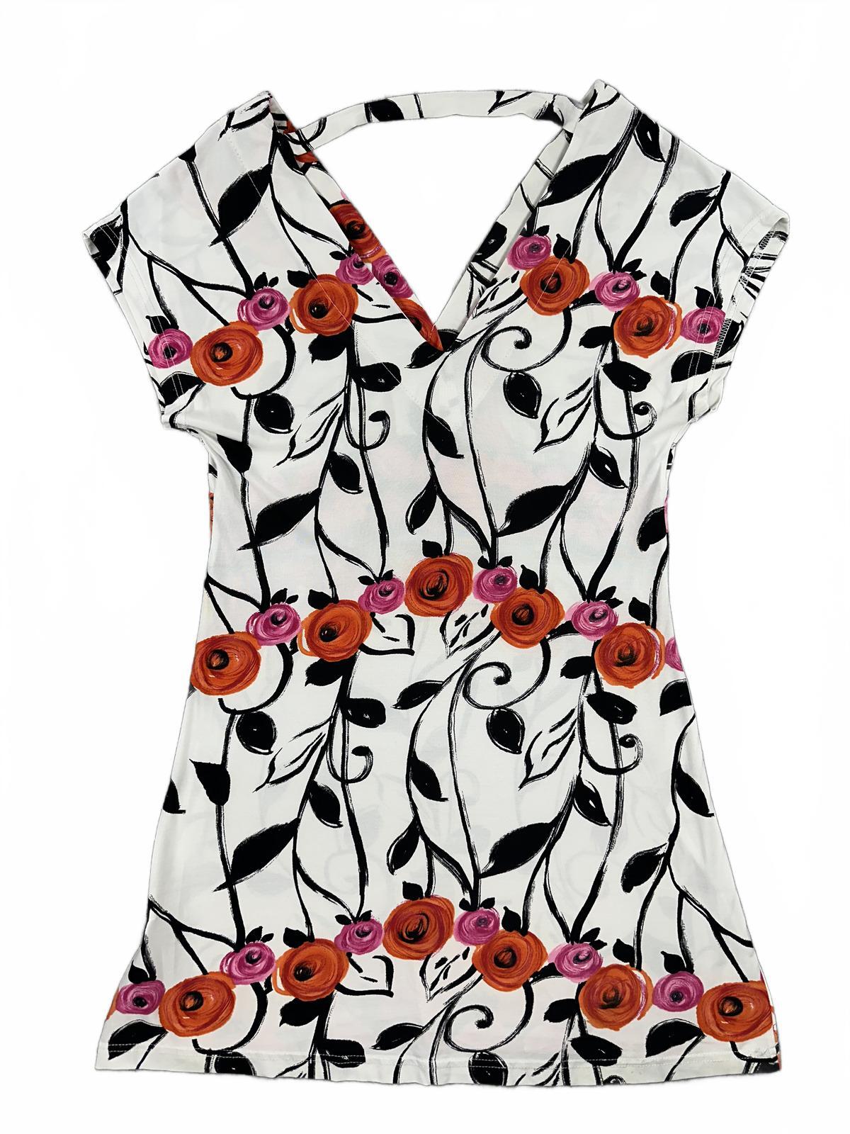 Golbary Floral Mini Dress White Orange Pink V Neck Fitted Waist Summer Y2K