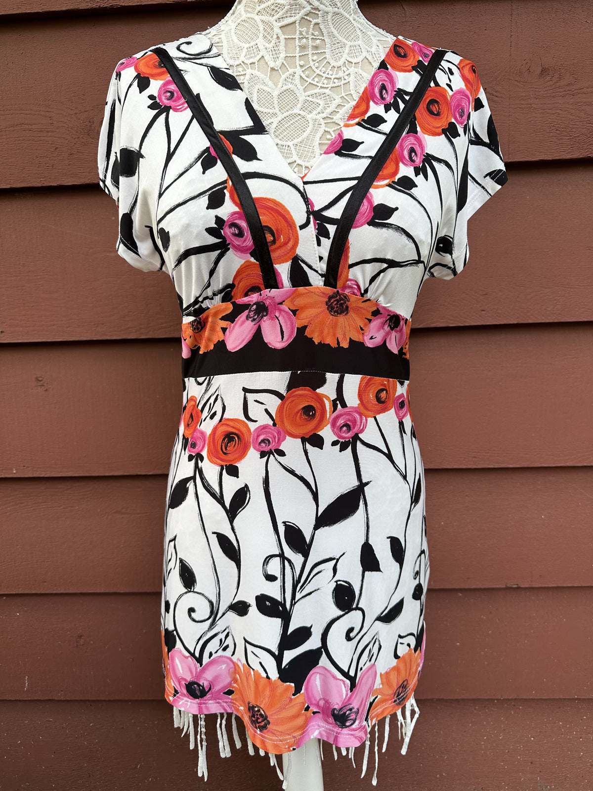 Golbary Floral Mini Dress White Orange Pink V Neck Fitted Waist Summer Y2K