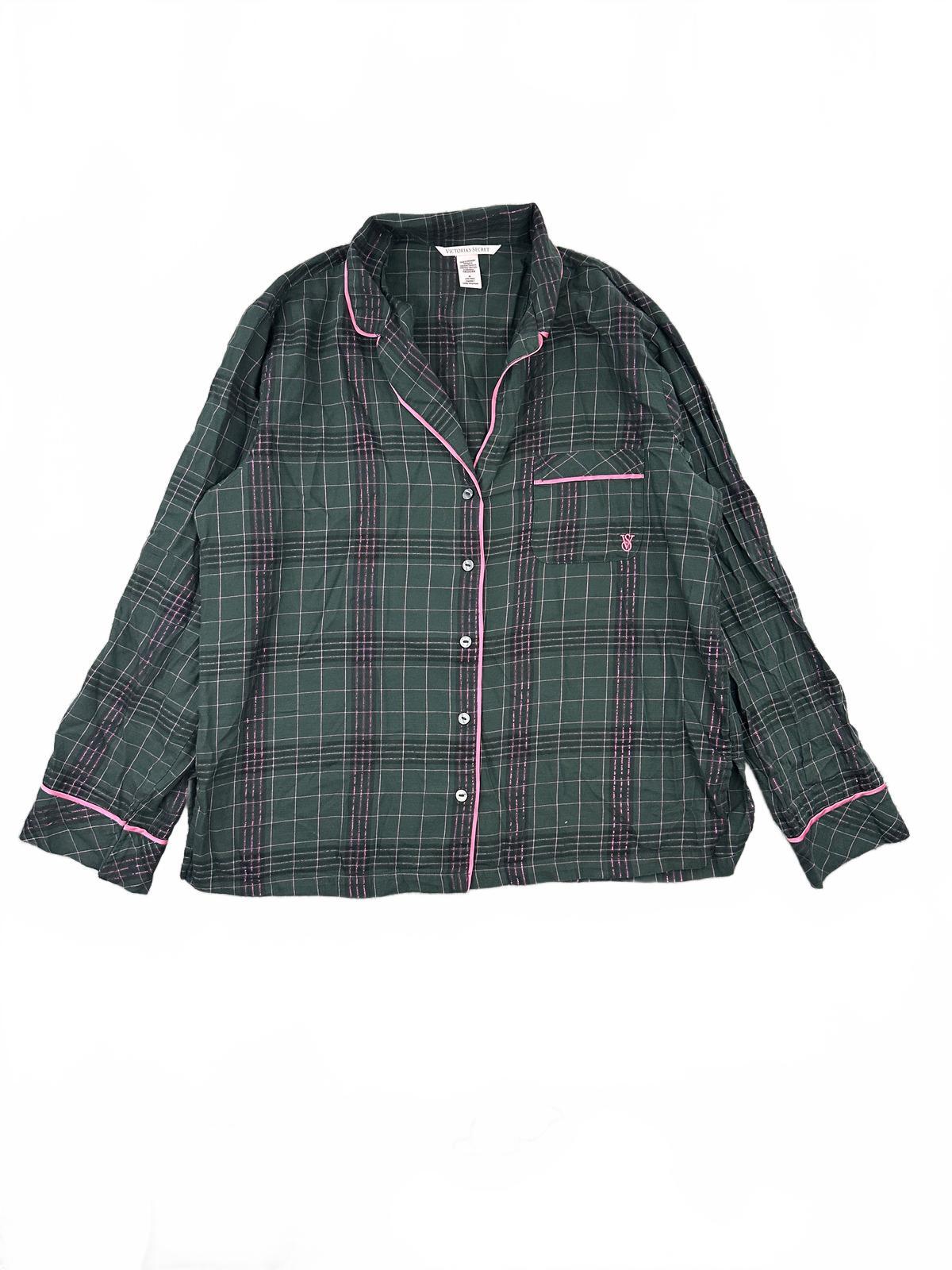 Victoria's Secret Green Plaid Pajama Shirt with Pink Piping