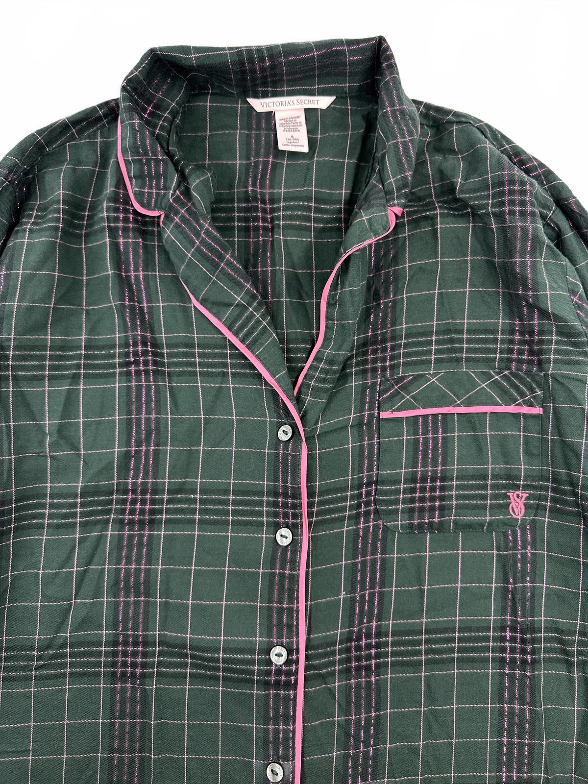 Victoria's Secret Green Plaid Pajama Shirt with Pink Piping