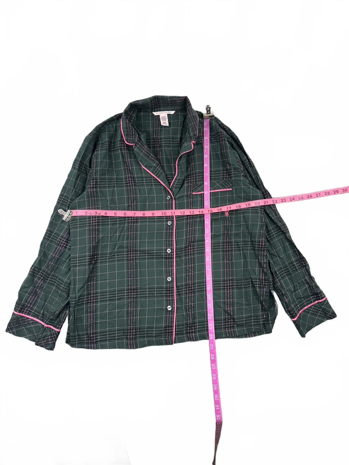 Victoria's Secret Green Plaid Pajama Shirt with Pink Piping