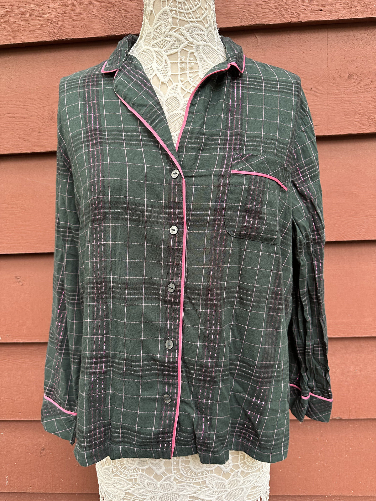 Victoria's Secret Green Plaid Pajama Shirt with Pink Piping