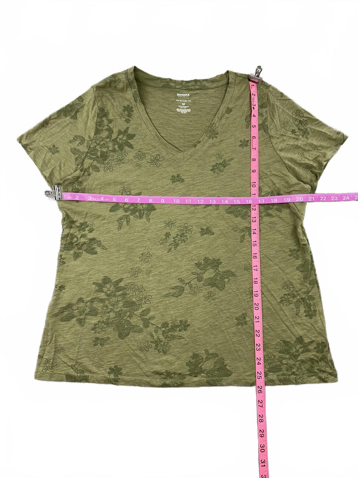 Sonoma Olive Green Floral V Neck Tee Casual Lightweight Summer Shirt