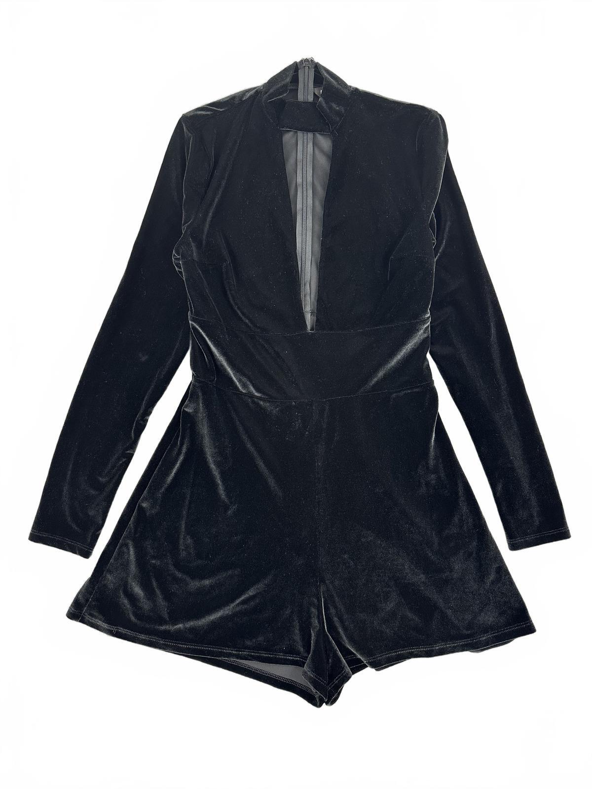 Express Black Velvet Romper with Deep V Neckline and Long Sleeves