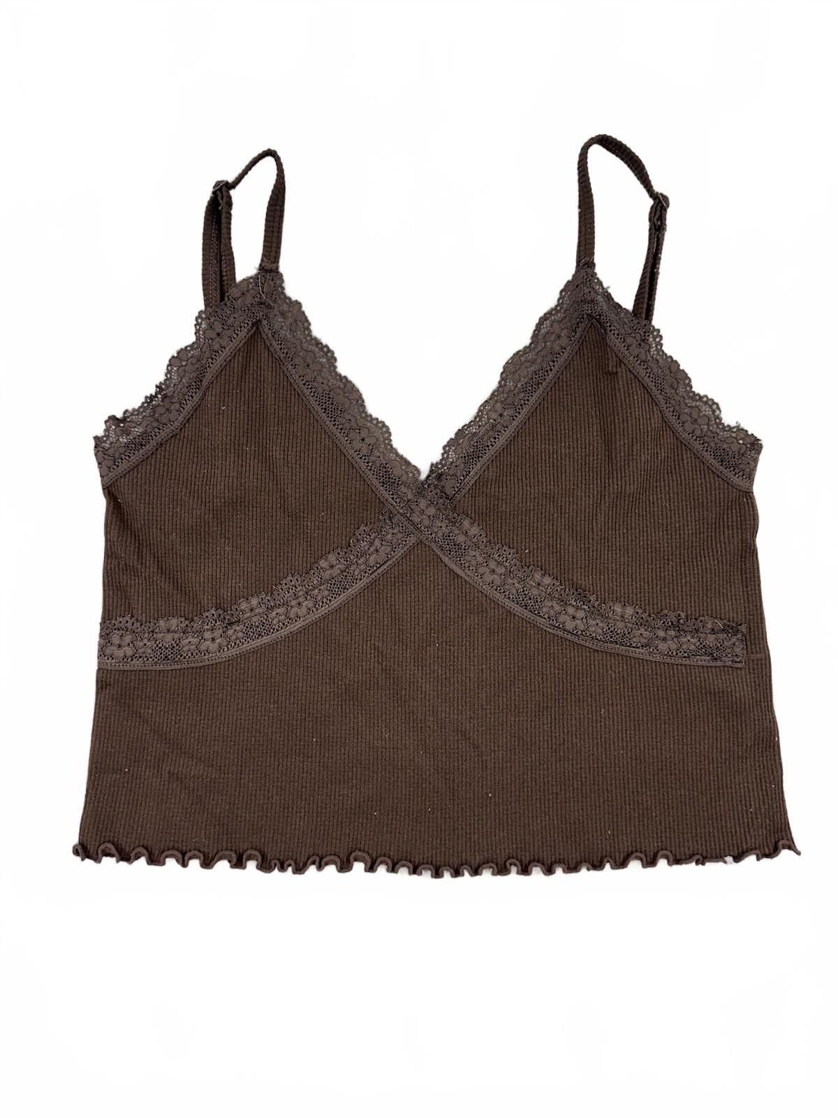 Contour by PacSun Brown Ribbed Lace Trim Cami Top