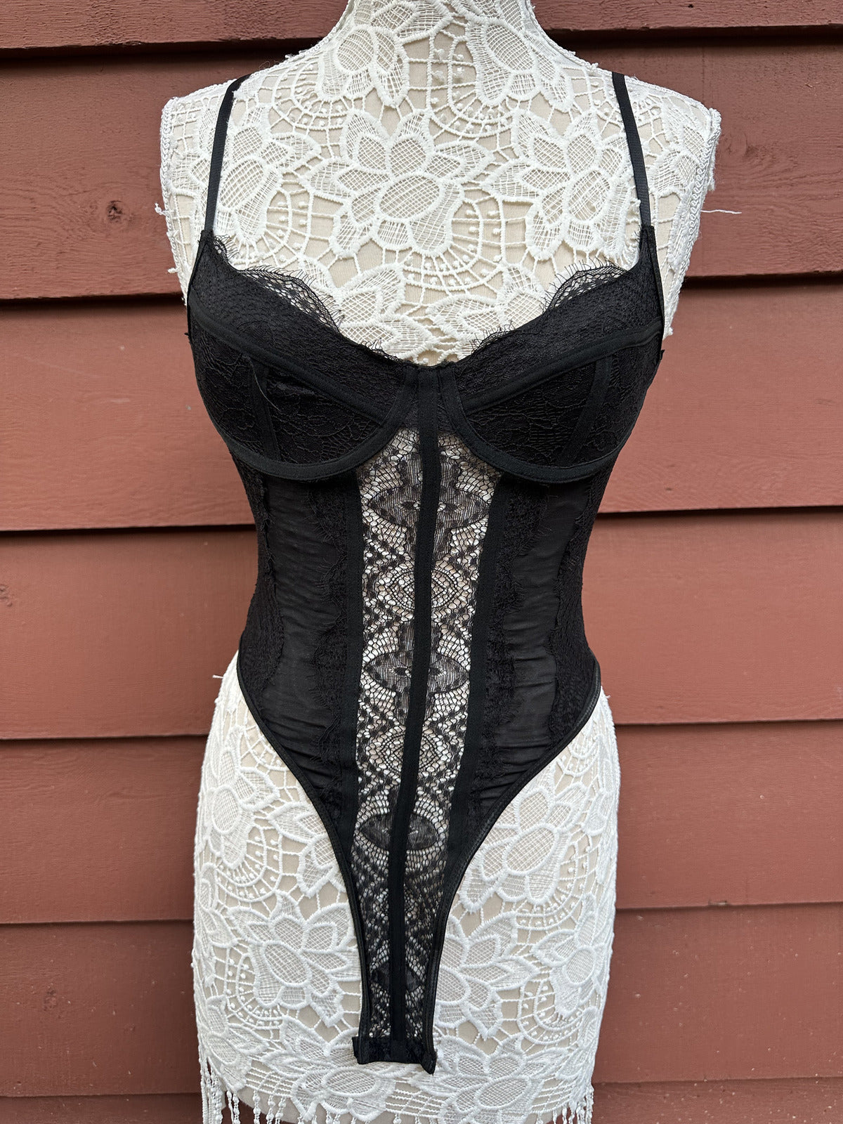 Black Lace Bustier Bodysuit Feminine Loungewear Party Festival Wear